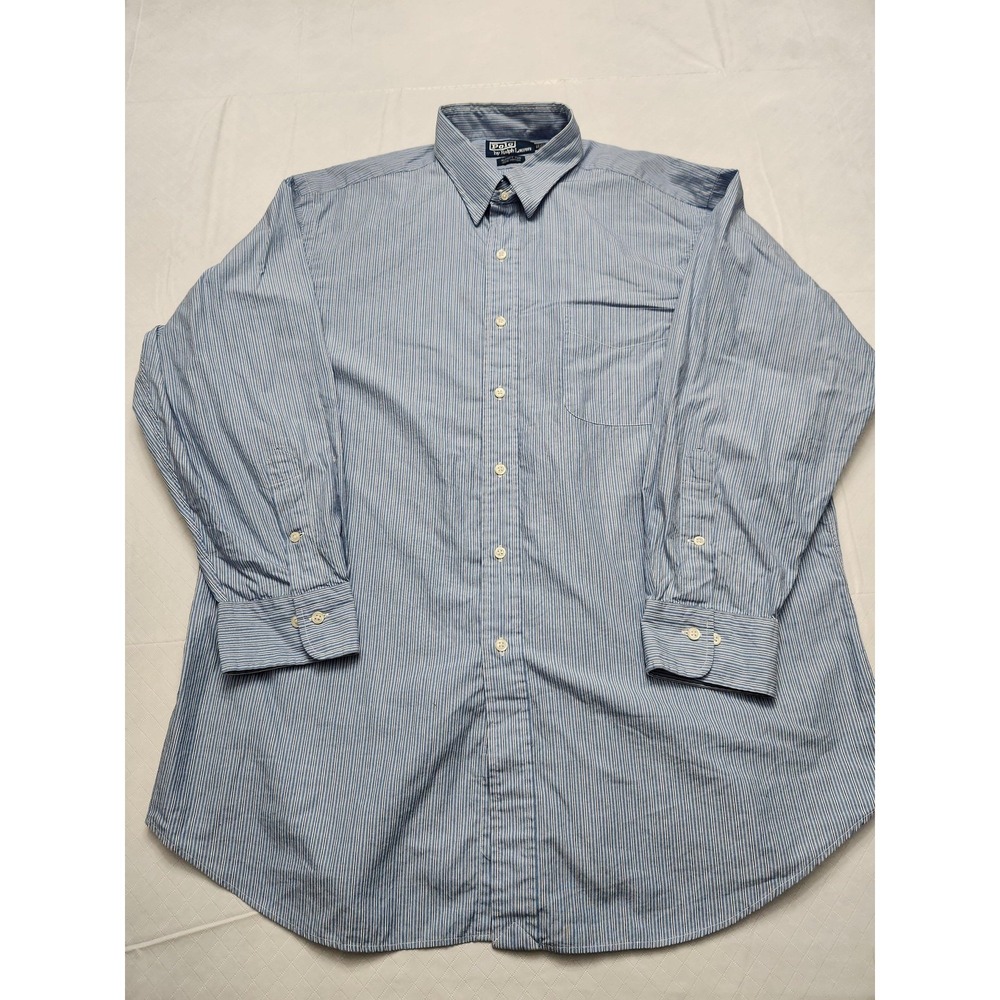 Polo Ralph Lauren Shirt Mens 17.5 32 33 Blue White Stripe Alcott Tab Collar‎